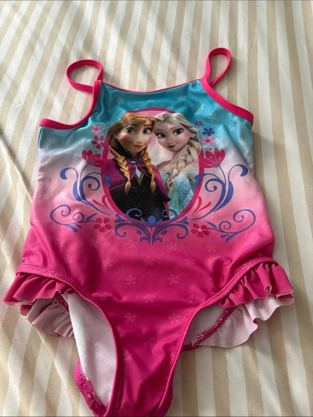 Disney Pink and Teal Gradient Girls One-Piece Swimsuit with Anna & Elsa